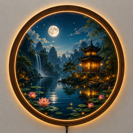 Moonlit Pagoda LED Wall Art, Lotus Lake Landscape Decor, Round Asian Wall Light, Zen Nature Home Decor, Bedroom Gift