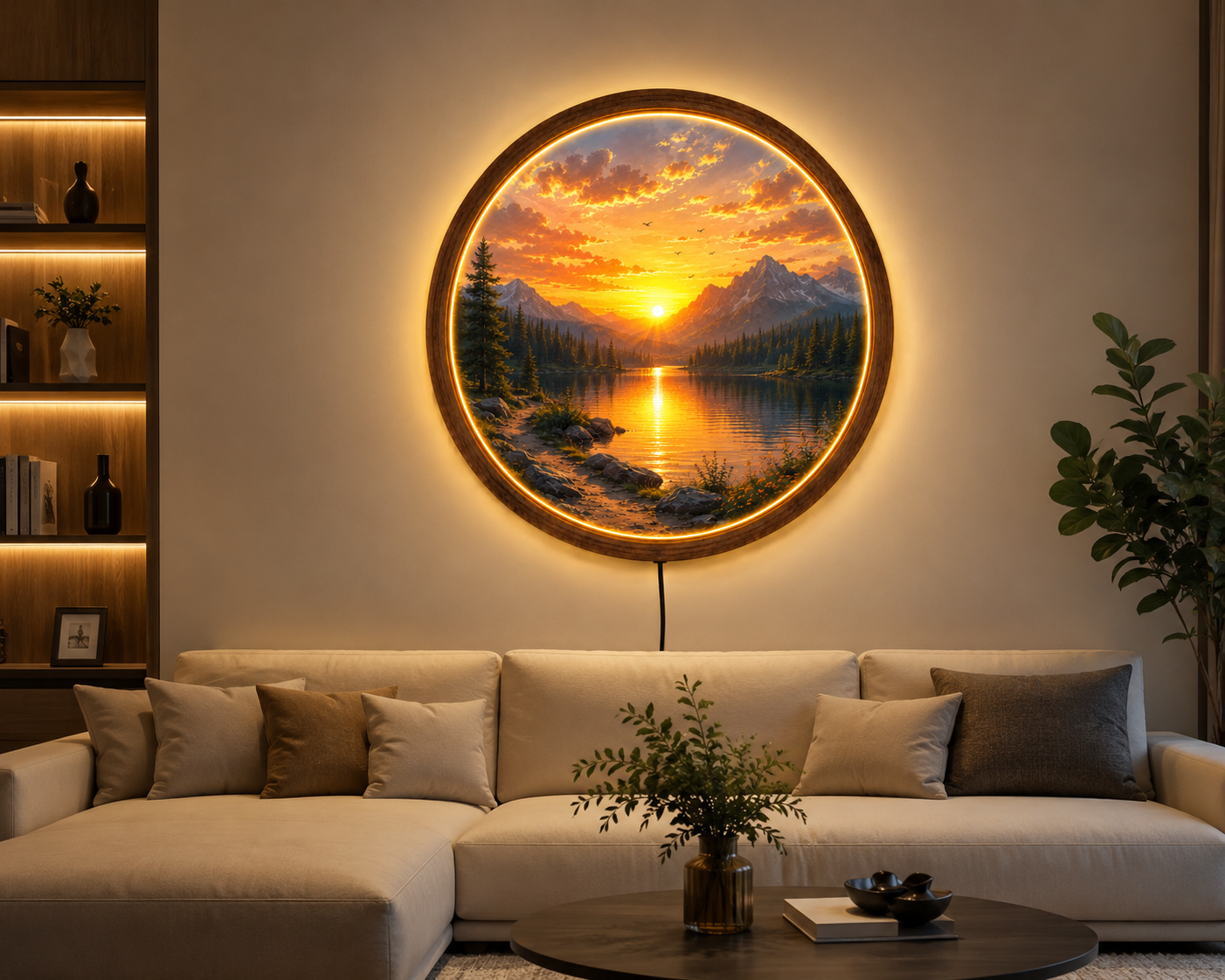 Mountain Sunset LED Wall Art, Round Lake Landscape Light, Rustic Wooden Wall Decor, Nature LED Wall Lamp, Cabin Living Room Gift