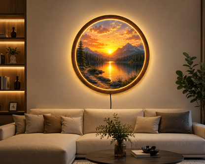 Mountain Sunset LED Wall Art, Round Lake Landscape Light, Rustic Wooden Wall Decor, Nature LED Wall Lamp, Cabin Living Room Gift