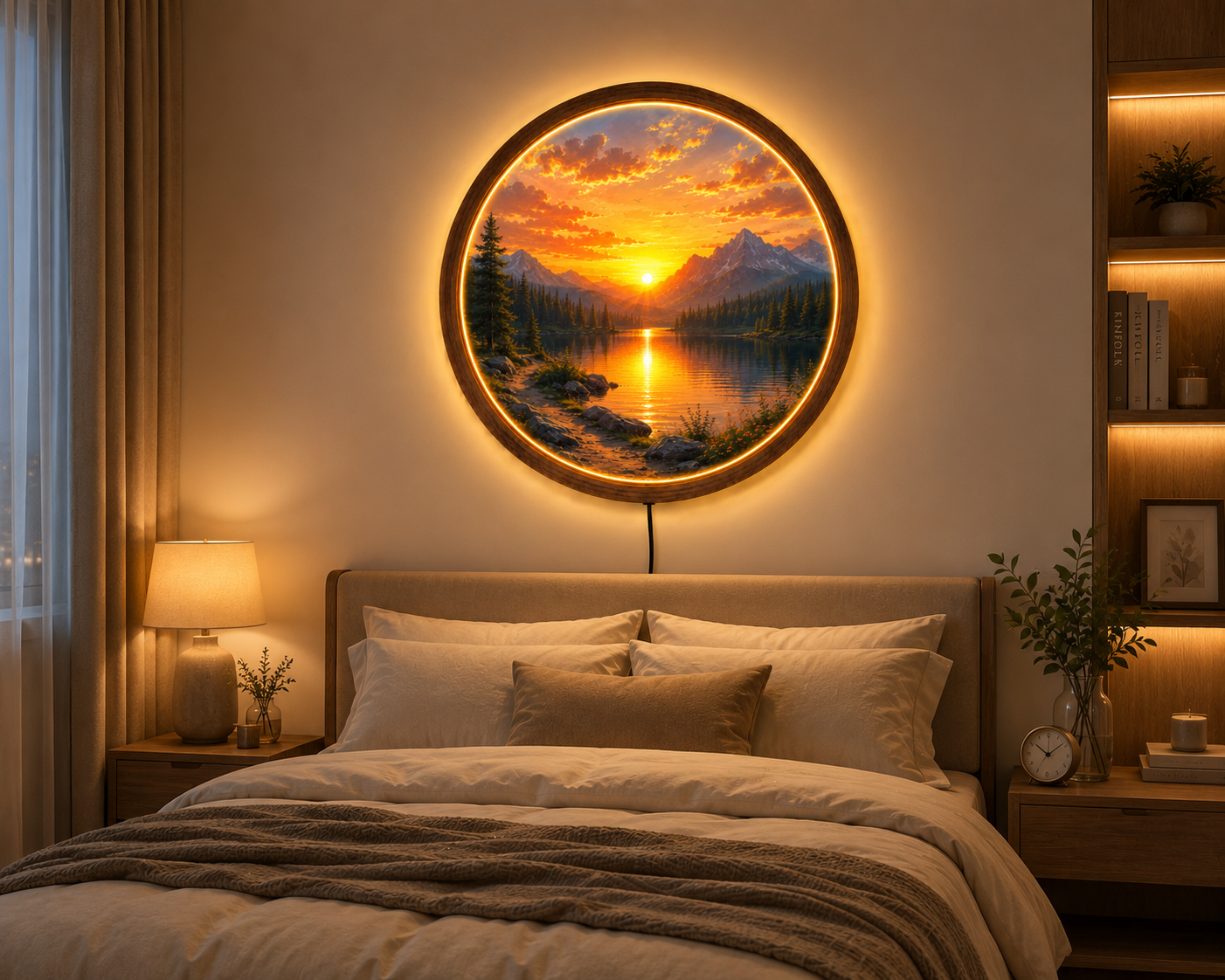 Mountain Sunset LED Wall Art, Round Lake Landscape Light, Rustic Wooden Wall Decor, Nature LED Wall Lamp, Cabin Living Room Gift