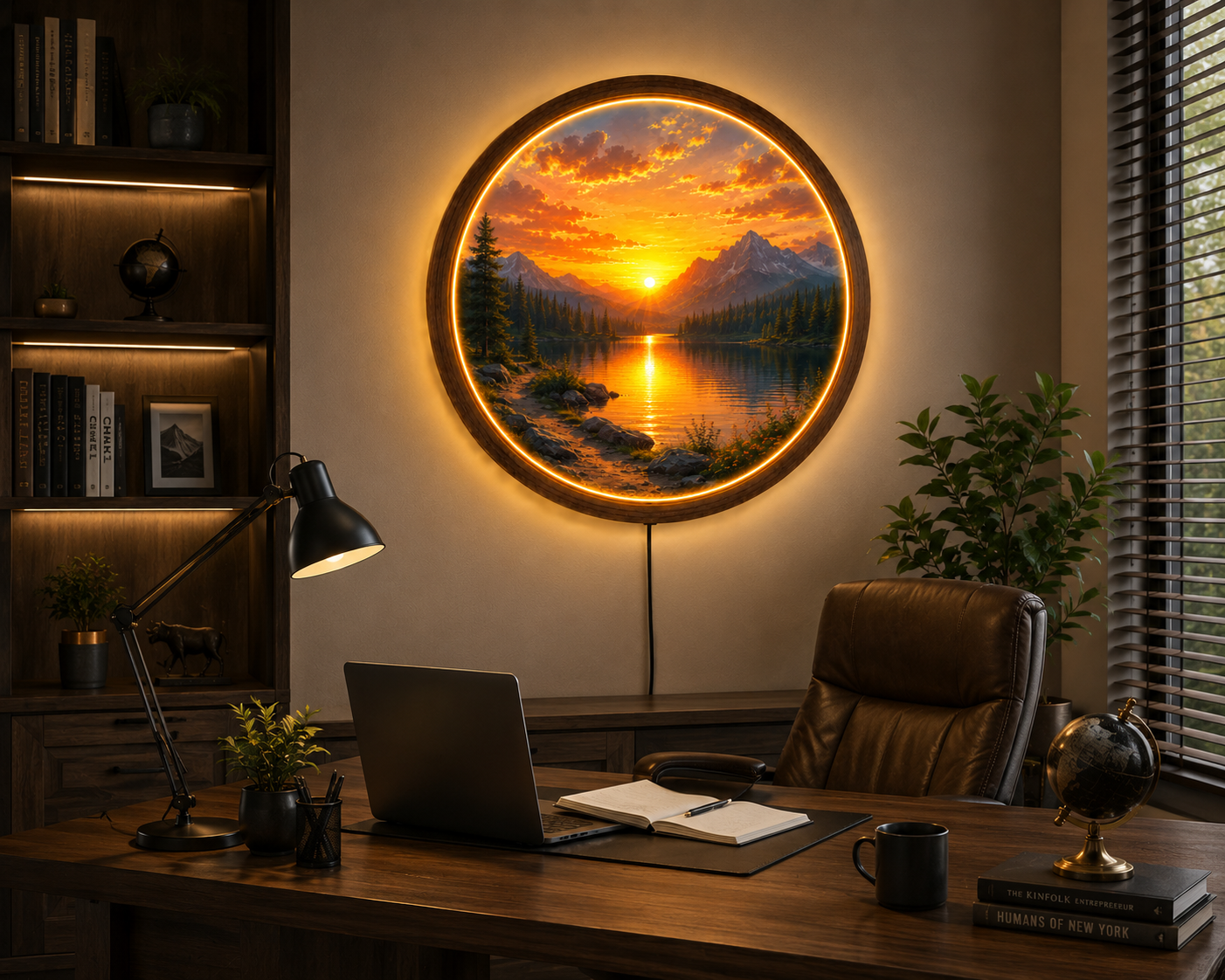 Mountain Sunset LED Wall Art, Round Lake Landscape Light, Rustic Wooden Wall Decor, Nature LED Wall Lamp, Cabin Living Room Gift