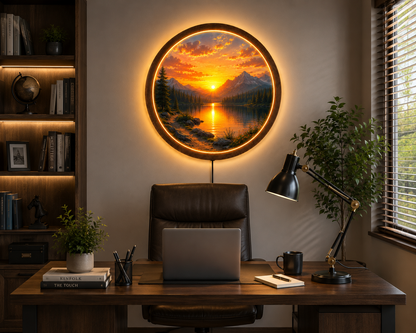 Mountain Sunset LED Wall Art, Round Lake Landscape Light, Rustic Wooden Wall Decor, Nature LED Wall Lamp, Cabin Living Room Gift