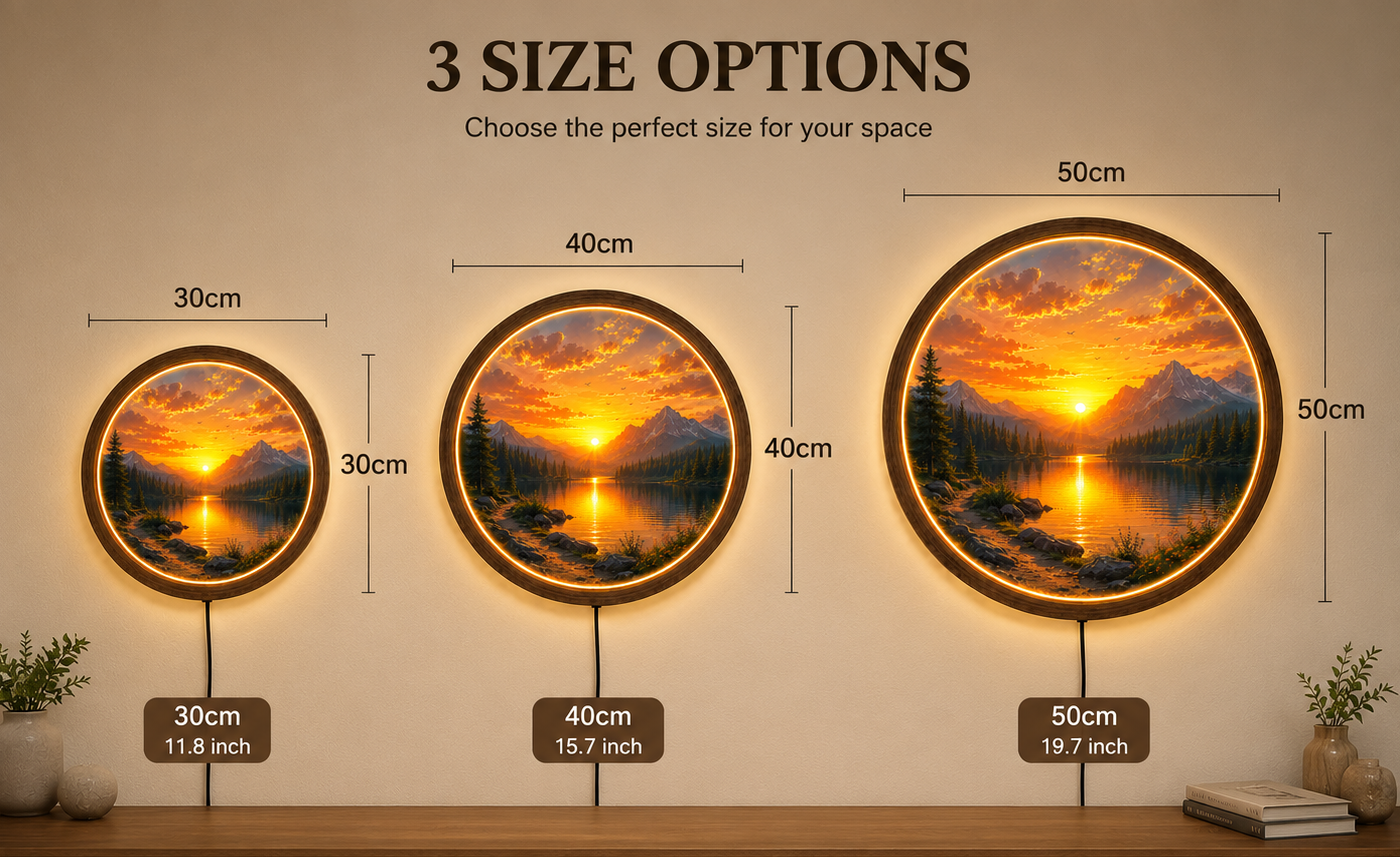 Mountain Sunset LED Wall Art, Round Lake Landscape Light, Rustic Wooden Wall Decor, Nature LED Wall Lamp, Cabin Living Room Gift