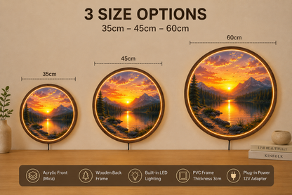 Mountain Sunset LED Wall Art, Round Lake Landscape Light, Rustic Wooden Wall Decor, Nature LED Wall Lamp, Cabin Living Room Gift