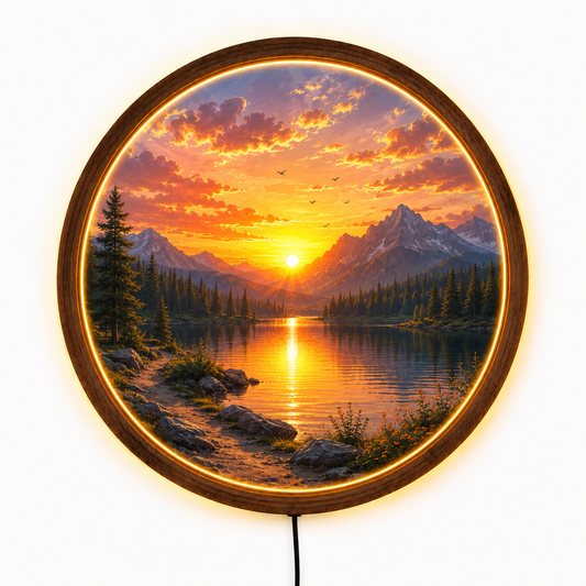 Mountain Sunset LED Wall Art, Round Lake Landscape Light, Rustic Wooden Wall Decor, Nature LED Wall Lamp, Cabin Living Room Gift