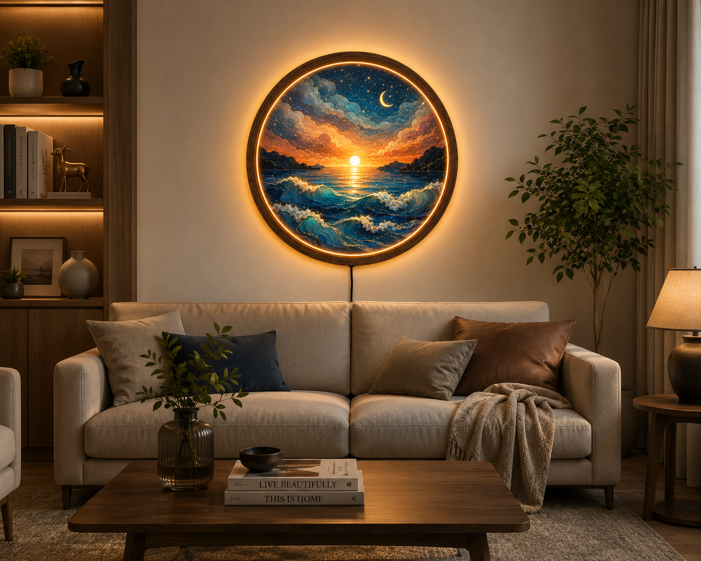 Mountain Sunset LED Wall Art, Round Lake Landscape Light, Rustic Wooden Wall Decor, Nature LED Wall Lamp, Cabin Living Room Gift (Copy)