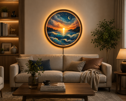 Mountain Sunset LED Wall Art, Round Lake Landscape Light, Rustic Wooden Wall Decor, Nature LED Wall Lamp, Cabin Living Room Gift (Copy)