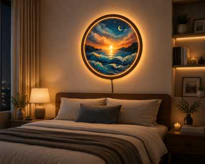 Mountain Sunset LED Wall Art, Round Lake Landscape Light, Rustic Wooden Wall Decor, Nature LED Wall Lamp, Cabin Living Room Gift (Copy)