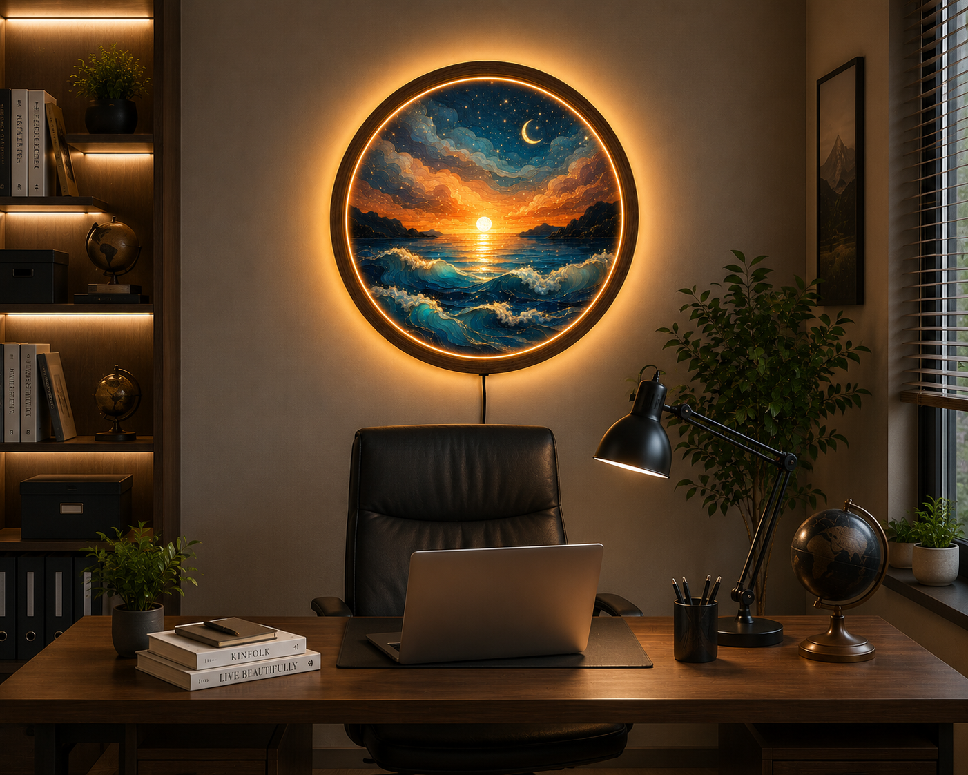 Mountain Sunset LED Wall Art, Round Lake Landscape Light, Rustic Wooden Wall Decor, Nature LED Wall Lamp, Cabin Living Room Gift (Copy)