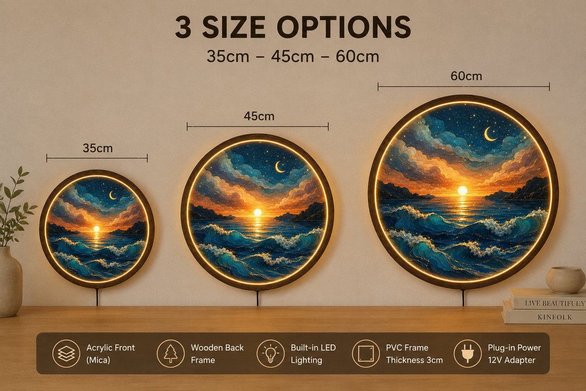 Ocean Sunset LED Wall Art, Crescent Moon Seascape Decor, Round Coastal Wall Light, Blue Wave Wall Art, Beach House Decor