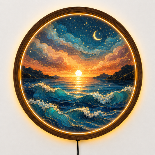 Mountain Sunset LED Wall Art, Round Lake Landscape Light, Rustic Wooden Wall Decor, Nature LED Wall Lamp, Cabin Living Room Gift (Copy)