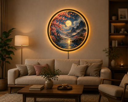 Cherry Blossom Moon LED Wall Art, Round Japanese Landscape Wall Decor, Illuminated Mountain Lake Light, Zen Home Gift