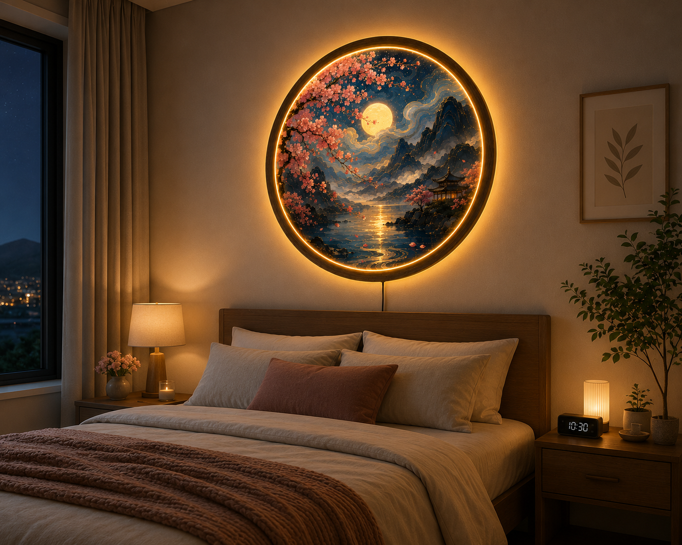 Cherry Blossom Moon LED Wall Art, Round Japanese Landscape Wall Decor, Illuminated Mountain Lake Light, Zen Home Gift