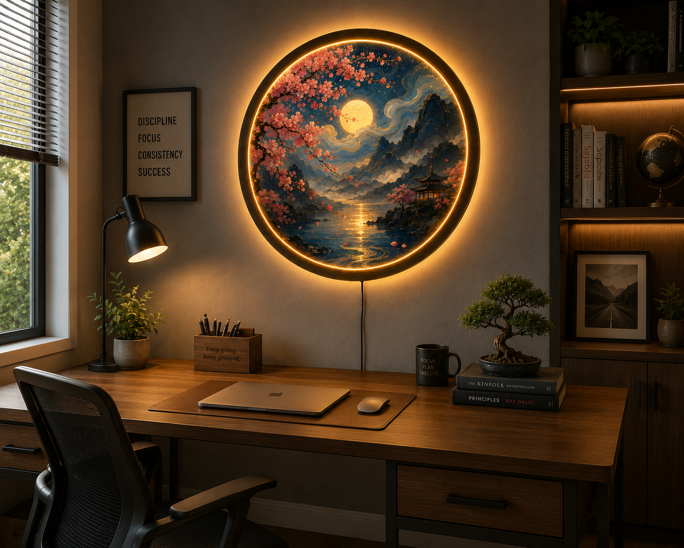 Cherry Blossom Moon LED Wall Art, Round Japanese Landscape Wall Decor, Illuminated Mountain Lake Light, Zen Home Gift