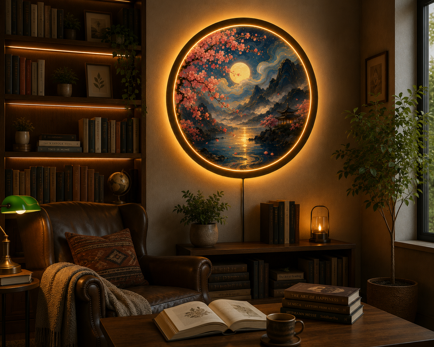 Cherry Blossom Moon LED Wall Art, Round Japanese Landscape Wall Decor, Illuminated Mountain Lake Light, Zen Home Gift