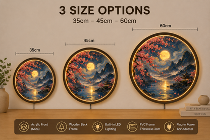 Cherry Blossom Moon LED Wall Art, Round Japanese Landscape Wall Decor, Illuminated Mountain Lake Light, Zen Home Gift