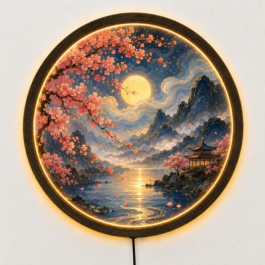 Cherry Blossom Moon LED Wall Art, Round Japanese Landscape Wall Decor, Illuminated Mountain Lake Light, Zen Home Gift