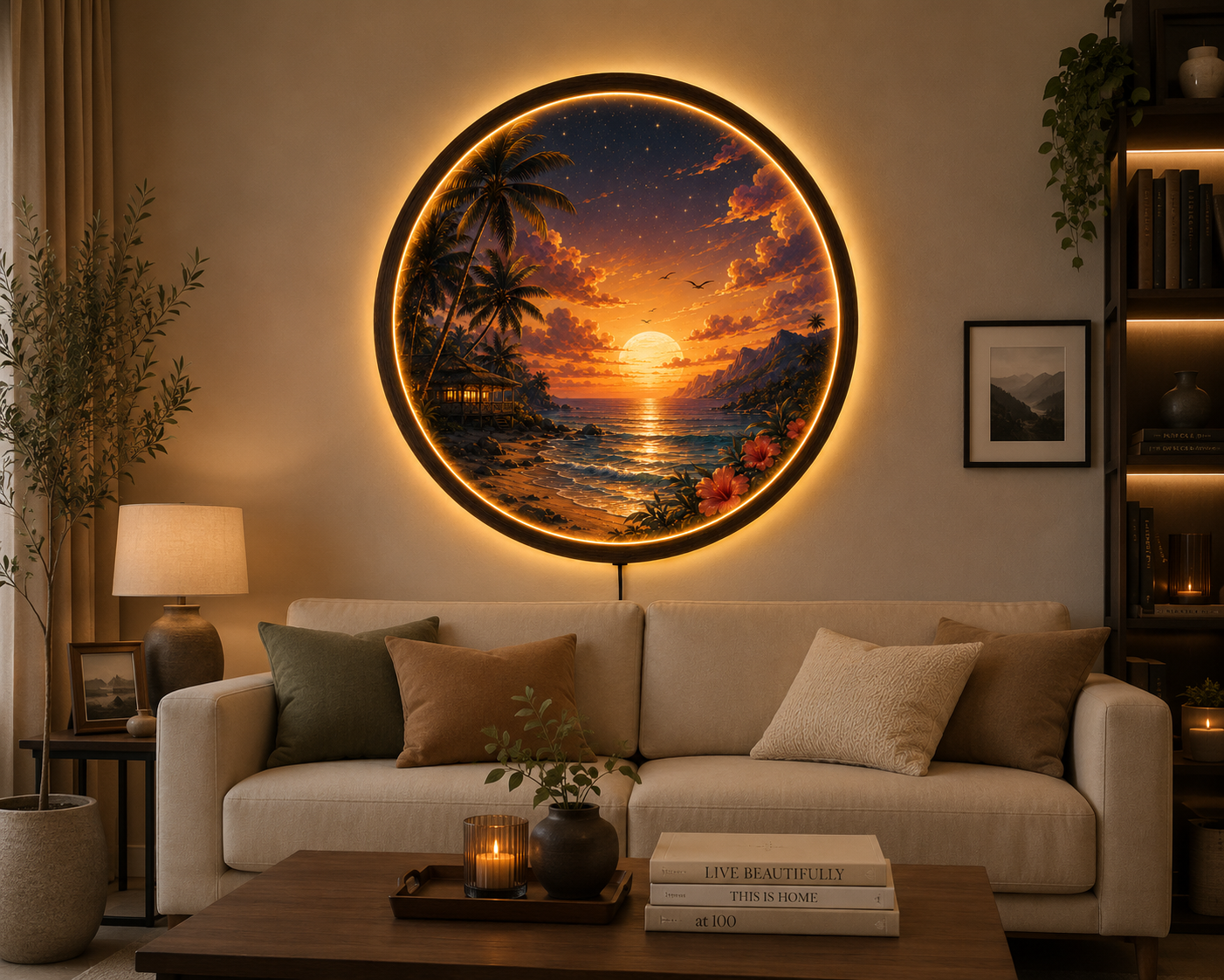Tropical Beach Sunset LED Wall Art, Round Coastal Wall Decor, Ocean Landscape Light, Wooden Frame LED Lamp, Beach House Gift