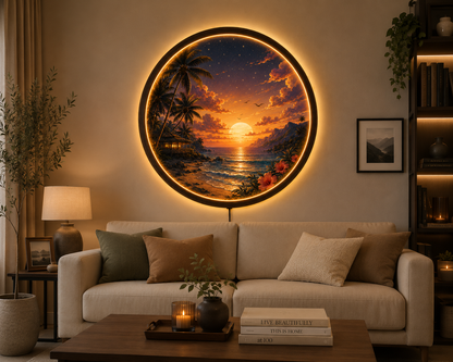 Tropical Beach Sunset LED Wall Art, Round Coastal Wall Decor, Ocean Landscape Light, Wooden Frame LED Lamp, Beach House Gift