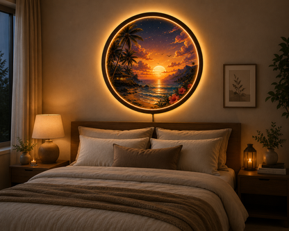 Tropical Beach Sunset LED Wall Art, Round Coastal Wall Decor, Ocean Landscape Light, Wooden Frame LED Lamp, Beach House Gift
