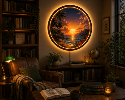 Tropical Beach Sunset LED Wall Art, Round Coastal Wall Decor, Ocean Landscape Light, Wooden Frame LED Lamp, Beach House Gift
