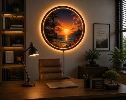 Tropical Beach Sunset LED Wall Art, Round Coastal Wall Decor, Ocean Landscape Light, Wooden Frame LED Lamp, Beach House Gift