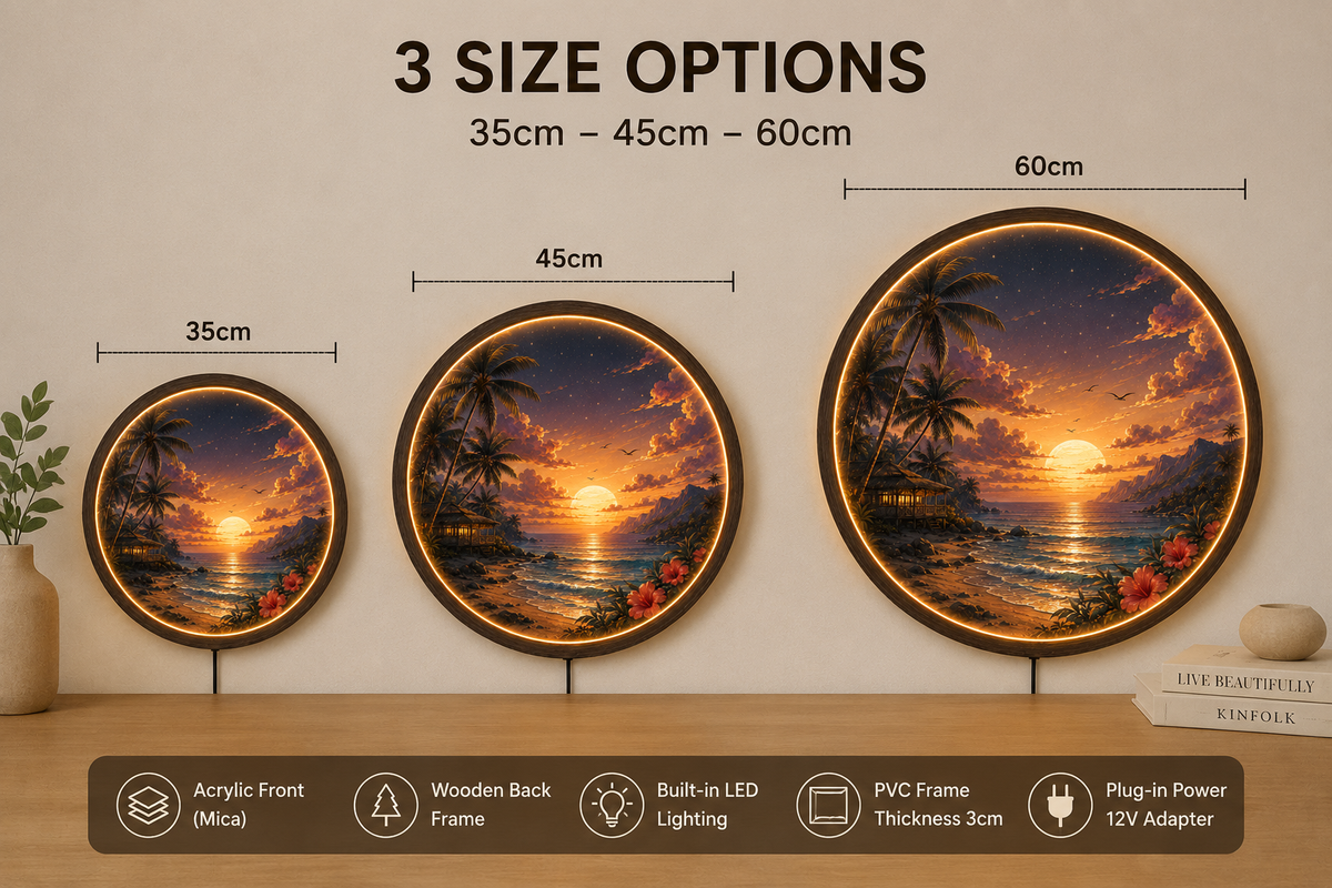 Tropical Beach Sunset LED Wall Art, Round Coastal Wall Decor, Ocean Landscape Light, Wooden Frame LED Lamp, Beach House Gift