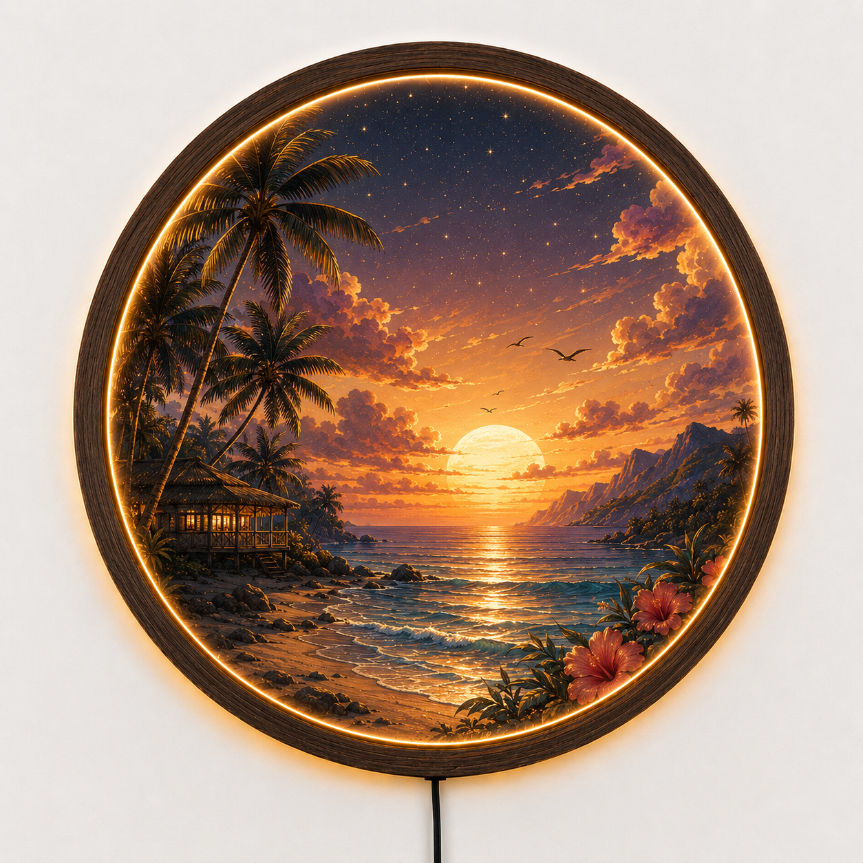 Tropical Beach Sunset LED Wall Art, Round Coastal Wall Decor, Ocean Landscape Light, Wooden Frame LED Lamp, Beach House Gift