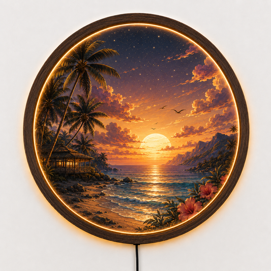 Tropical Beach Sunset LED Wall Art, Round Coastal Wall Decor, Ocean Landscape Light, Wooden Frame LED Lamp, Beach House Gift