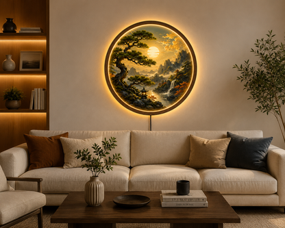 Japanese Zen Mountain LED Wall Art, Round Landscape Wall Decor, Illuminated Pine Tree & Waterfall Light, Wooden Frame Gift