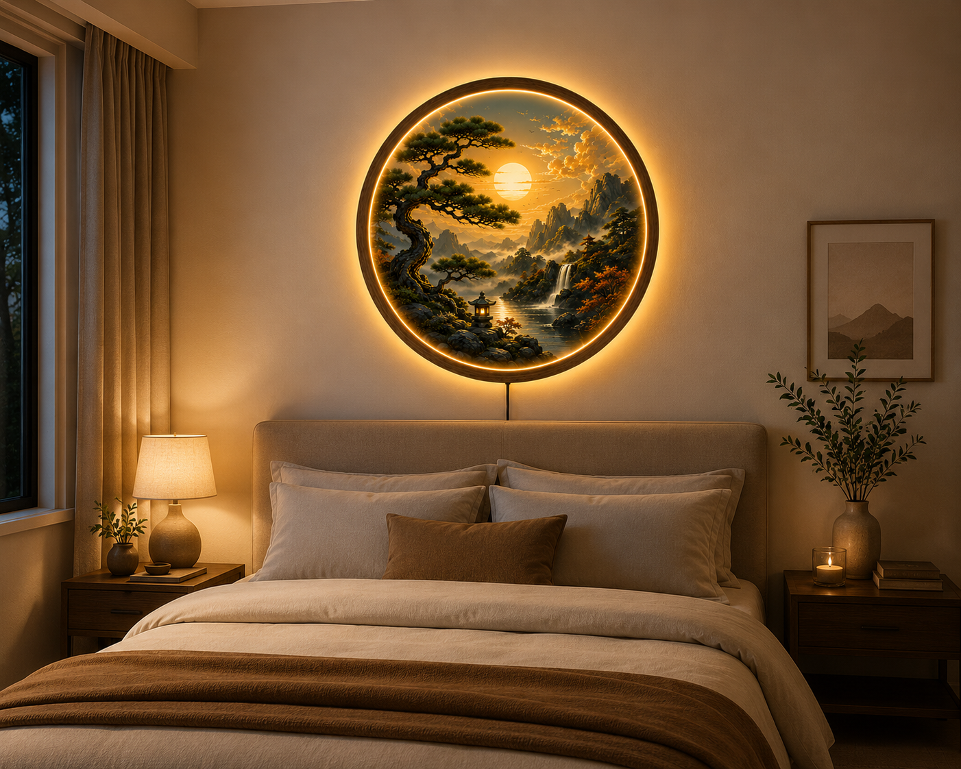 Japanese Zen Mountain LED Wall Art, Round Landscape Wall Decor, Illuminated Pine Tree & Waterfall Light, Wooden Frame Gift