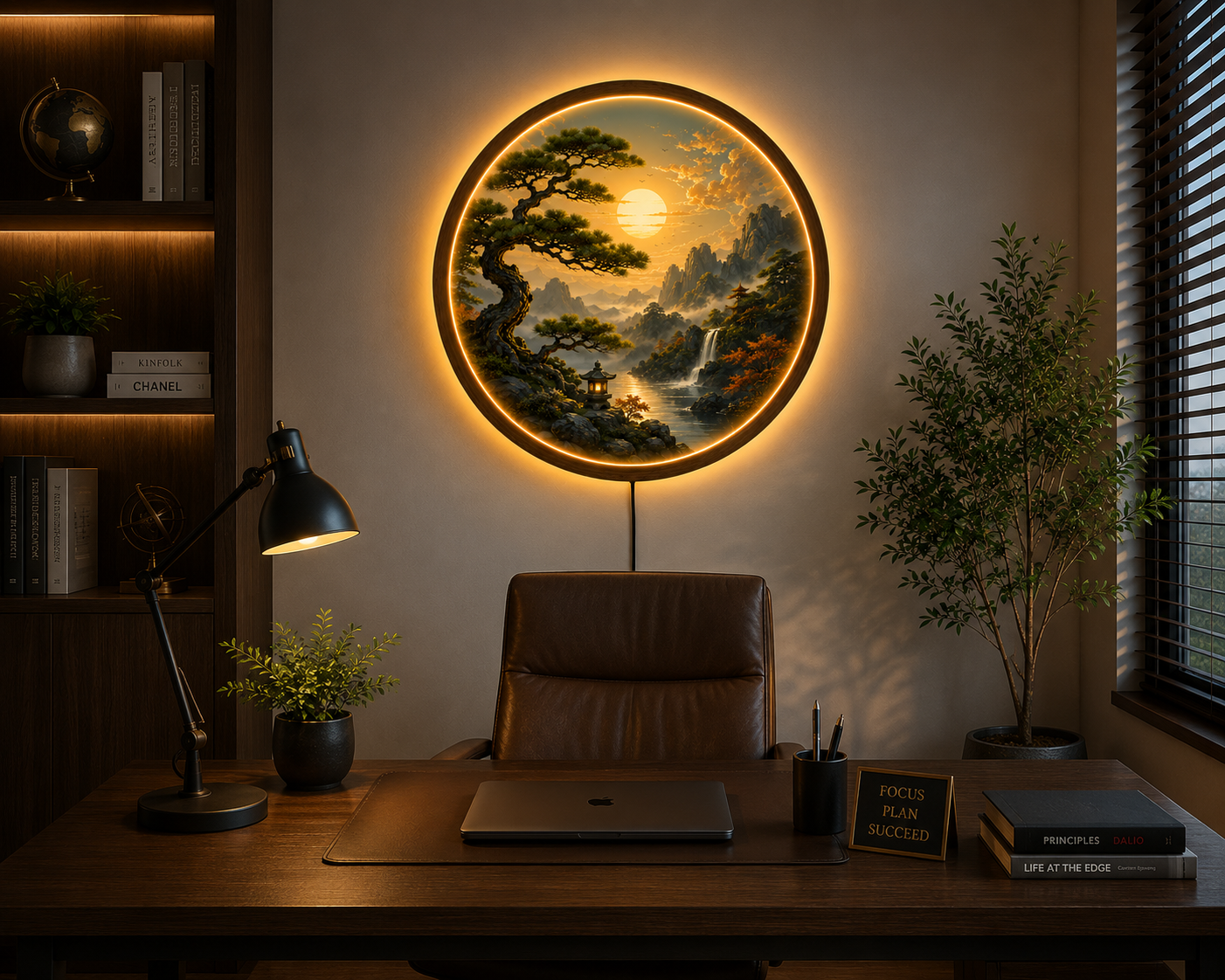 Japanese Zen Mountain LED Wall Art, Round Landscape Wall Decor, Illuminated Pine Tree & Waterfall Light, Wooden Frame Gift