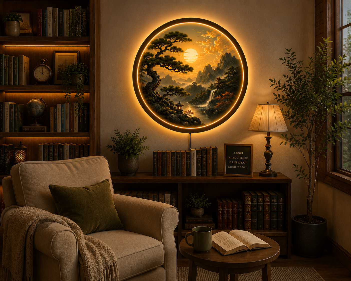 Japanese Zen Mountain LED Wall Art, Round Landscape Wall Decor, Illuminated Pine Tree & Waterfall Light, Wooden Frame Gift