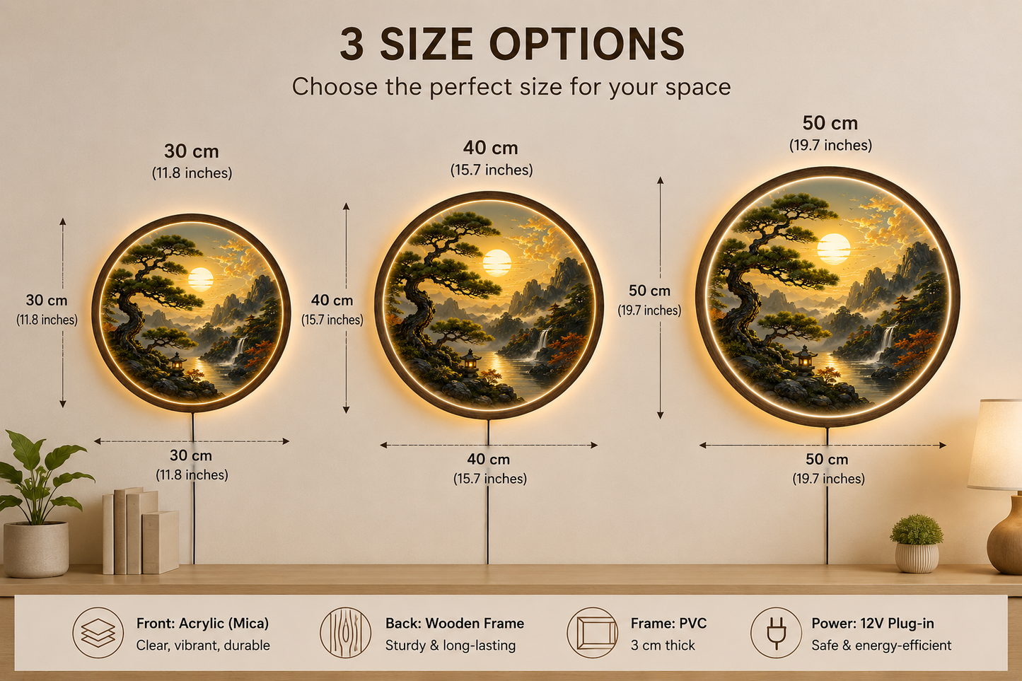 Japanese Zen Mountain LED Wall Art, Round Landscape Wall Decor, Illuminated Pine Tree & Waterfall Light, Wooden Frame Gift