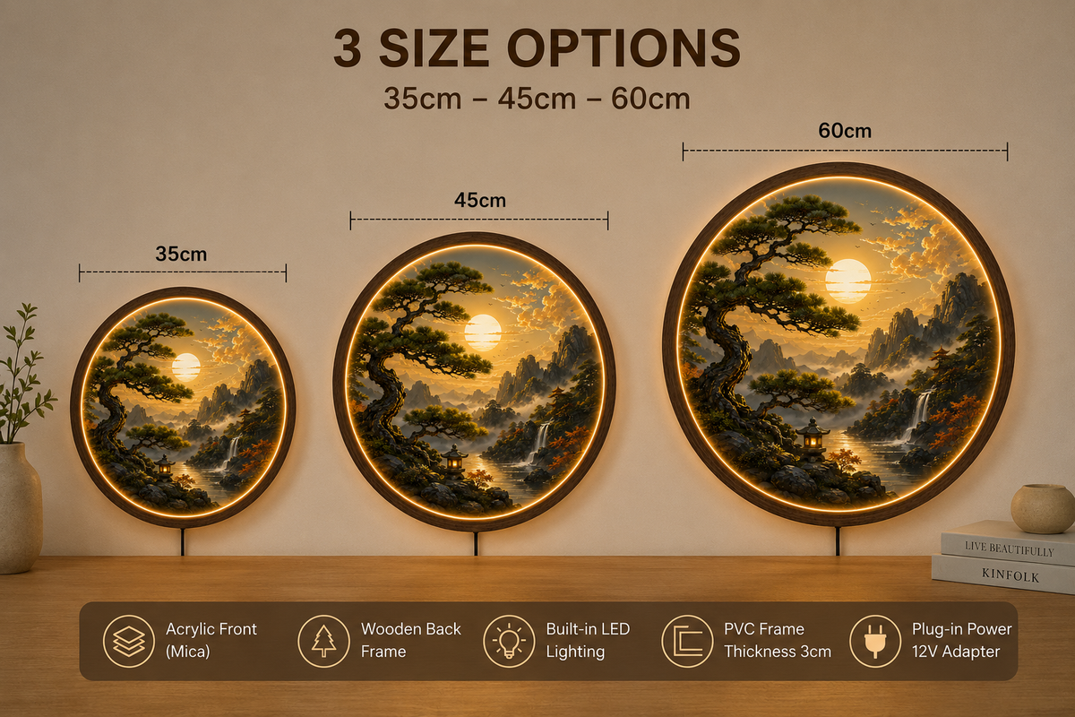 Japanese Zen Mountain LED Wall Art, Round Landscape Wall Decor, Illuminated Pine Tree & Waterfall Light, Wooden Frame Gift