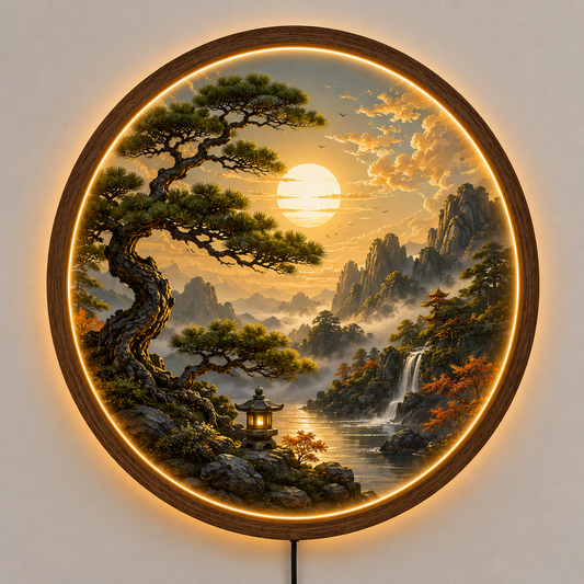 Japanese Zen Mountain LED Wall Art, Round Landscape Wall Decor, Illuminated Pine Tree & Waterfall Light, Wooden Frame Gift