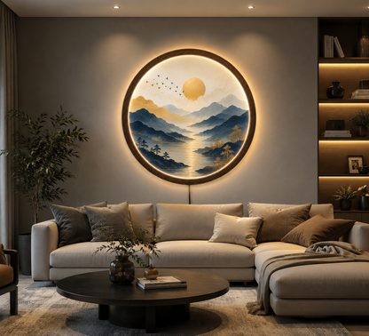 Blue Mountain LED Wall Art, Round Illuminated Wall Decor, Acrylic & Wood Framed Landscape Light, Modern Nature Wall Hanging