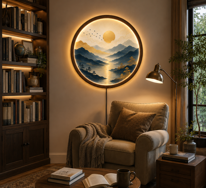 Blue Mountain LED Wall Art, Round Illuminated Wall Decor, Acrylic & Wood Framed Landscape Light, Modern Nature Wall Hanging