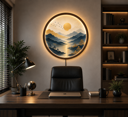 Blue Mountain LED Wall Art, Round Illuminated Wall Decor, Acrylic & Wood Framed Landscape Light, Modern Nature Wall Hanging