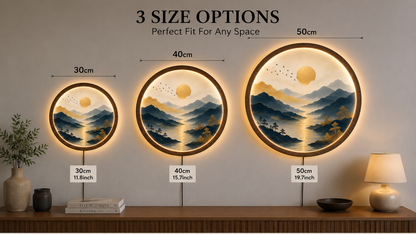 Blue Mountain LED Wall Art, Round Illuminated Wall Decor, Acrylic & Wood Framed Landscape Light, Modern Nature Wall Hanging