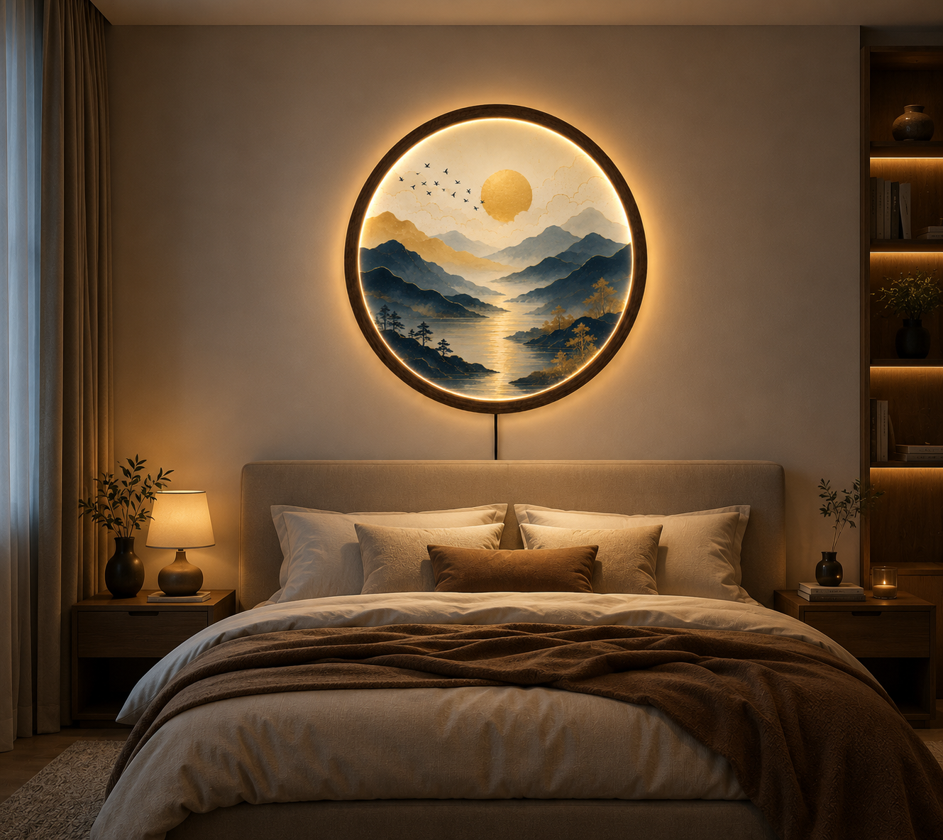 Blue Mountain LED Wall Art, Round Illuminated Wall Decor, Acrylic & Wood Framed Landscape Light, Modern Nature Wall Hanging