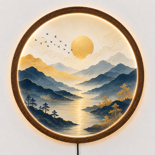 Blue Mountain LED Wall Art, Round Illuminated Wall Decor, Acrylic & Wood Framed Landscape Light, Modern Nature Wall Hanging