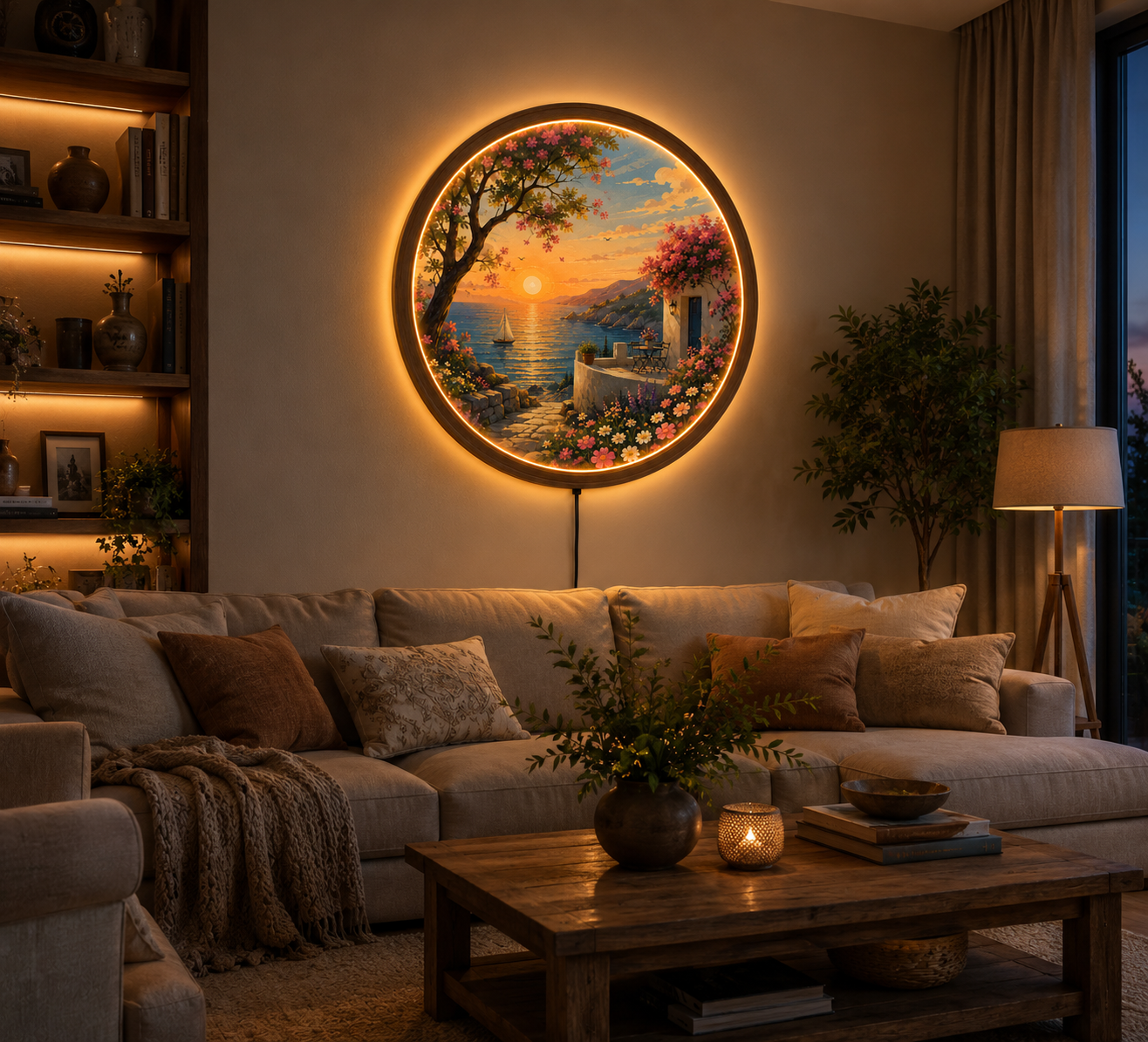 Mediterranean Sunset LED Wall Art, Round Coastal Landscape Light, Acrylic Wall Decor, Illuminated Wooden Frame