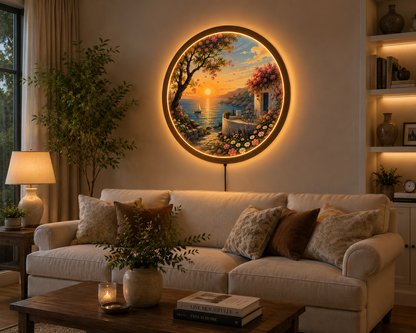 Mediterranean Sunset LED Wall Art, Round Coastal Landscape Light, Acrylic Wall Decor, Illuminated Wooden Frame