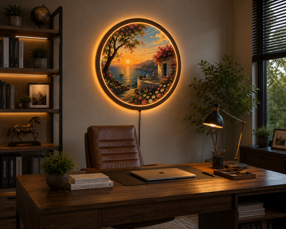 Mediterranean Sunset LED Wall Art, Round Coastal Landscape Light, Acrylic Wall Decor, Illuminated Wooden Frame