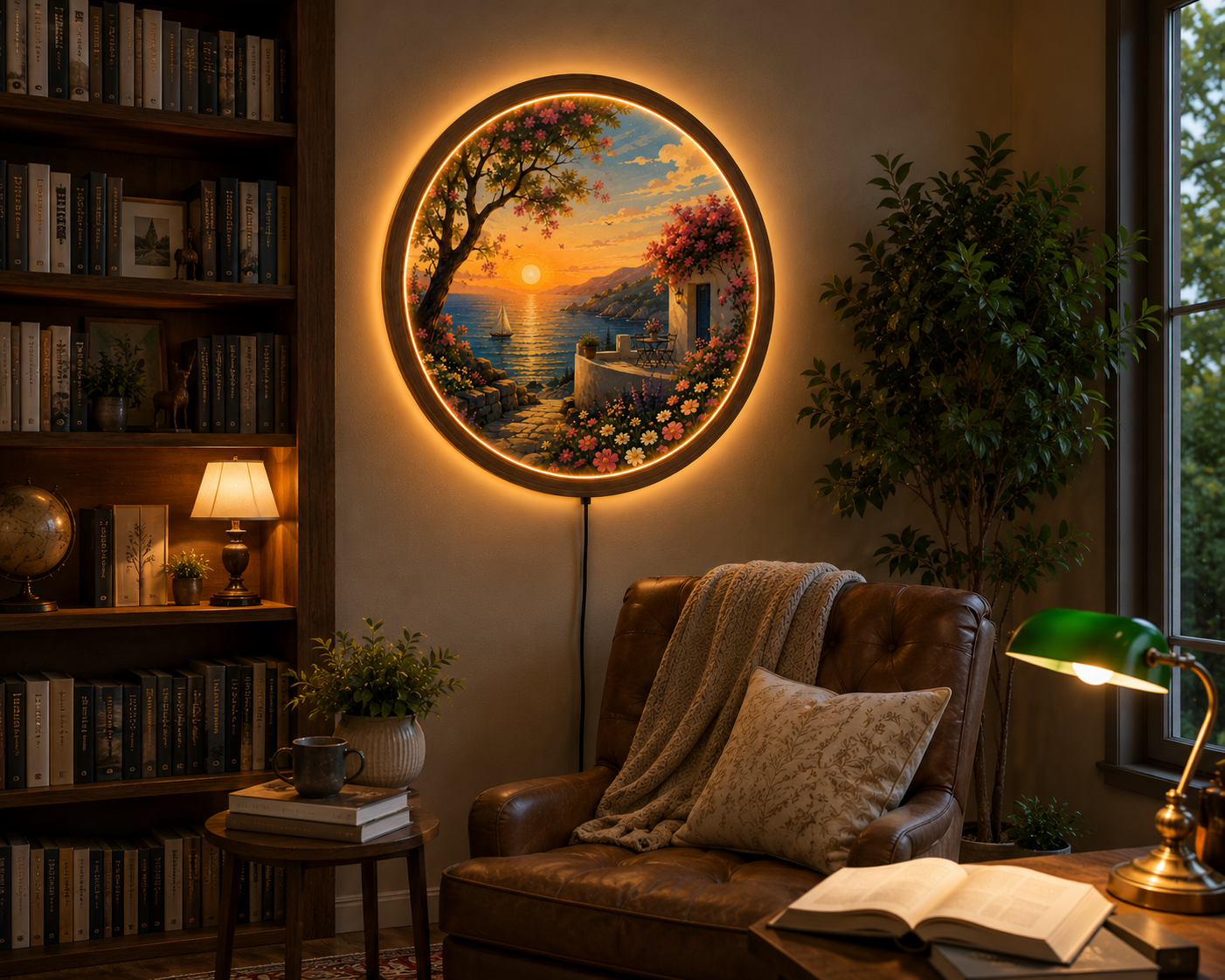 Mediterranean Sunset LED Wall Art, Round Coastal Landscape Light, Acrylic Wall Decor, Illuminated Wooden Frame