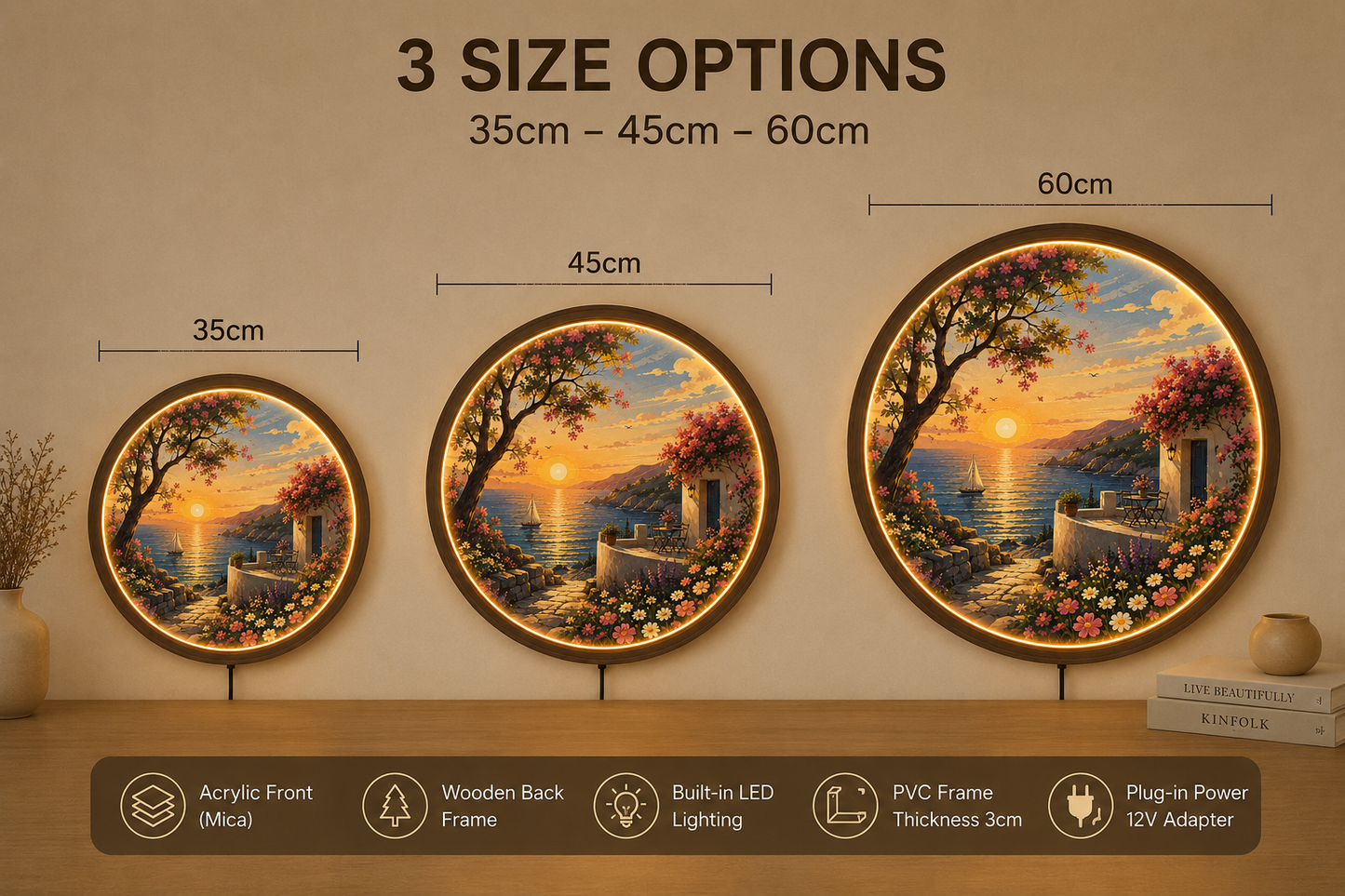 Mediterranean Sunset LED Wall Art, Round Coastal Landscape Light, Acrylic Wall Decor, Illuminated Wooden Frame