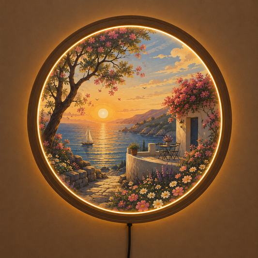 Mediterranean Sunset LED Wall Art, Round Coastal Landscape Light, Acrylic Wall Decor, Illuminated Wooden Frame