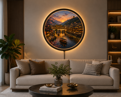 Chinese Ancient Town LED Wall Art, Sunset Riverside Village, Round Acrylic Wall Light, Cherry Blossom Decor, Asian Landscape Lamp