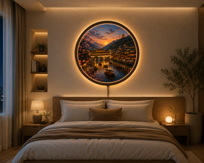 Chinese Ancient Town LED Wall Art, Sunset Riverside Village, Round Acrylic Wall Light, Cherry Blossom Decor, Asian Landscape Lamp